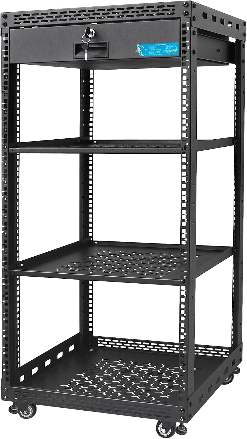 20U Server Rack Cabinet with Drawer & 2 PCS Full Size Rack Shelves - Integrated Top/Bottom Panels, 4 Rolling Wheels for 19' Equipment & Home Lab Studio
