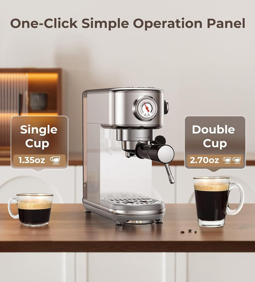 atatix Espresso Machine with Milk Frother, 20 Bar Pressure Espresso Maker, with 44OZ Removable Tank, Compact Stainless Steel Coffee Machine for Home, Office, Latte, Cappuccino, Macchiato, Silver
