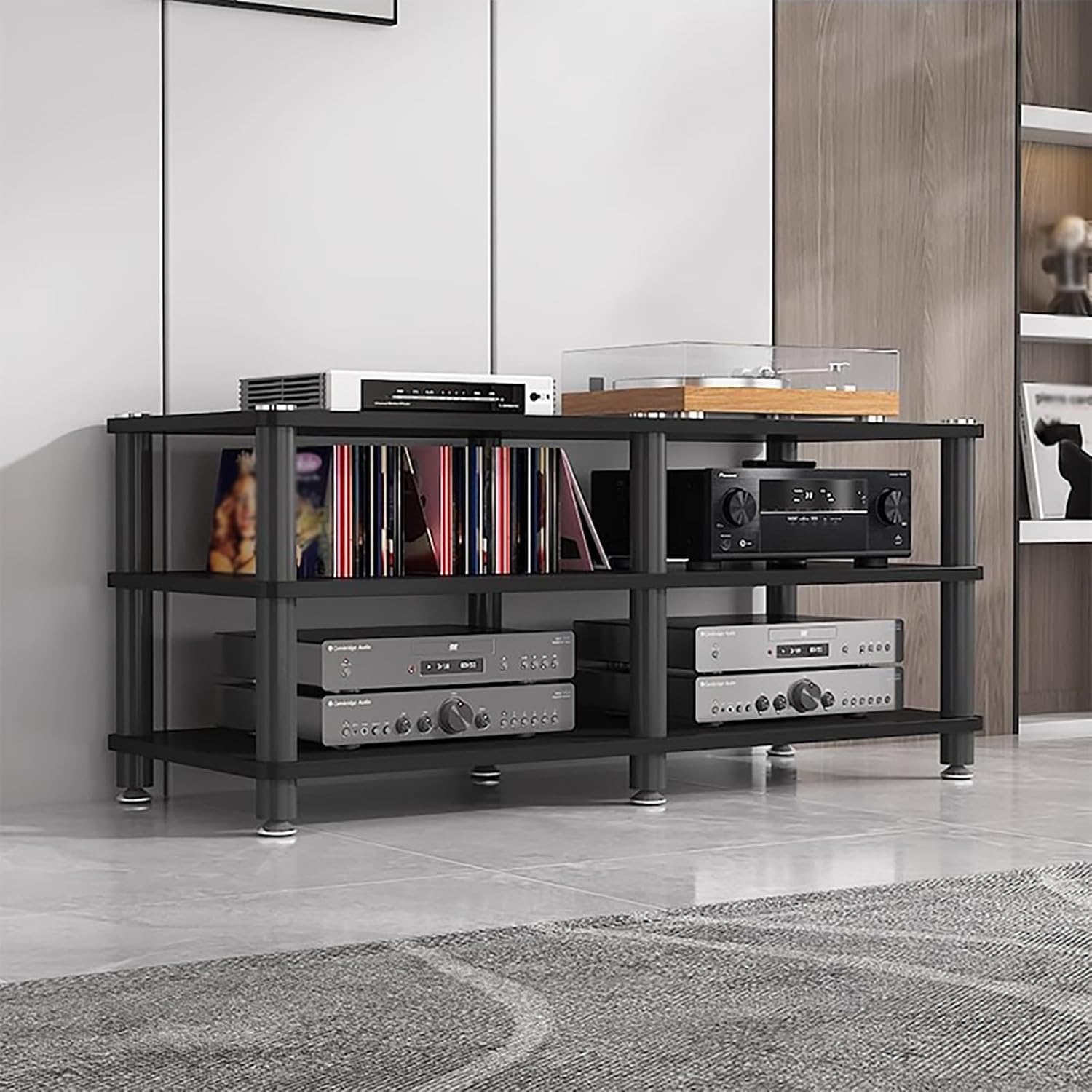 YLLFFLL Living Room Stereo Stand and Storage 120cm Wide, 3/4 Tier Audio/Video Shelving, Entertainment Component Stand Modern Stereo Cabinet, Heavy Duty Studio Equipment Cabinet(Black,3 Tier)