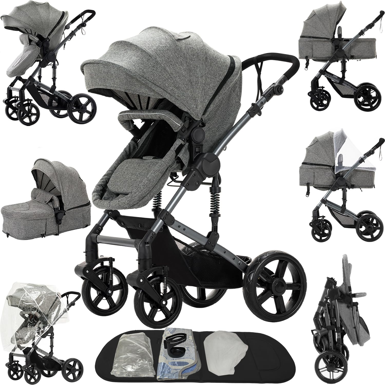 MoLi 2 in 1 Baby Bassinet Stroller, Convertible Foldable Standard Stroller, Reversible Pushchair Infant Buggy Carriage, Portable High Landscape Pram for Toddler Newborn, Aluminum Alloy (2US588-GREY)