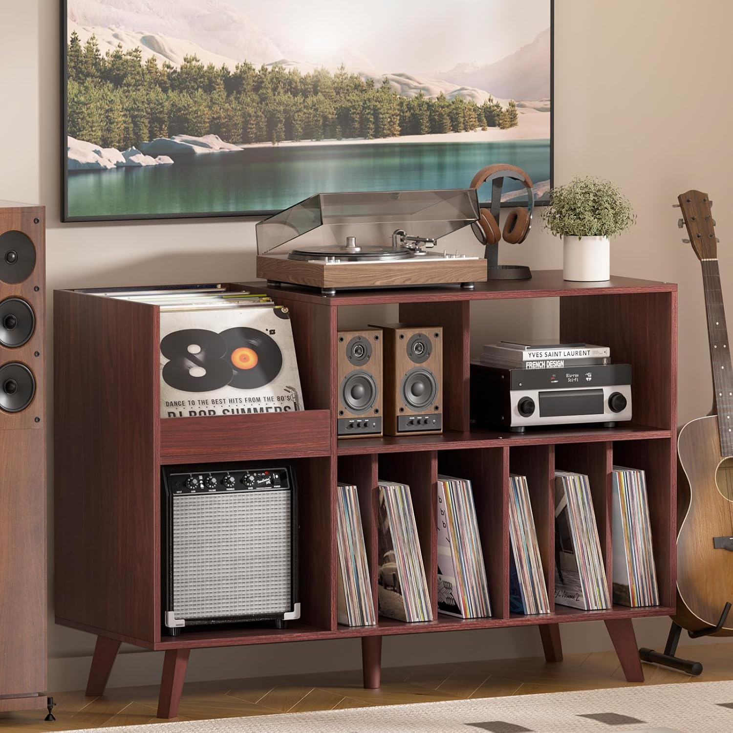 LELELINKY Large Record Player Stand, 48''Turntable Stand with Storage, Vinyl Record Holder with Display Area, Record Player Table Holds Up to 450 Albums, Record Stand for Music Room Living Room