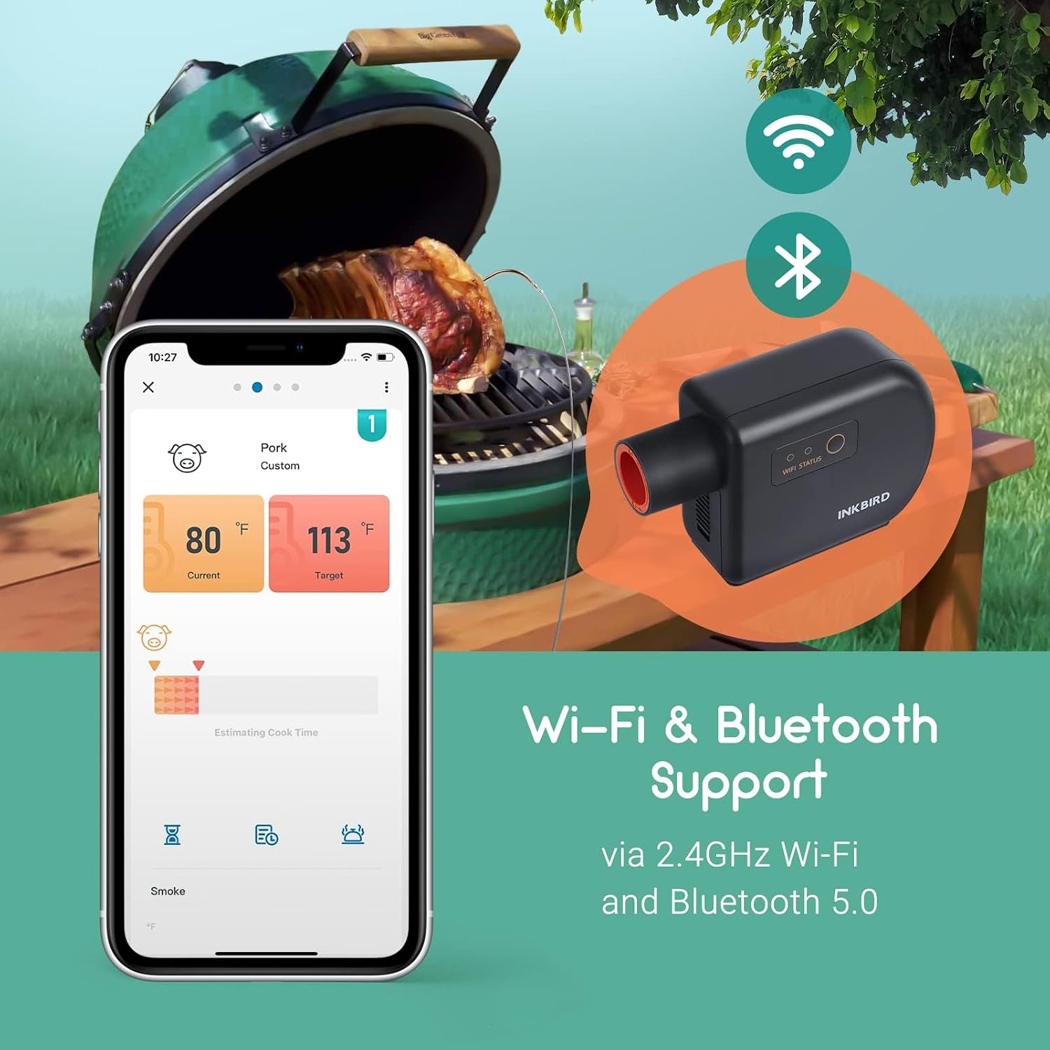 BBQ Temperature Controller Kit, Inkbird WiFi & Bluetooth Automatic Smoker Fan Controller, 3 Meat Probes & 1 Oven Probe, Build-in 5.0m/S High Efficient Fan for Ceramic Smokers, Kamado, Vision Grill