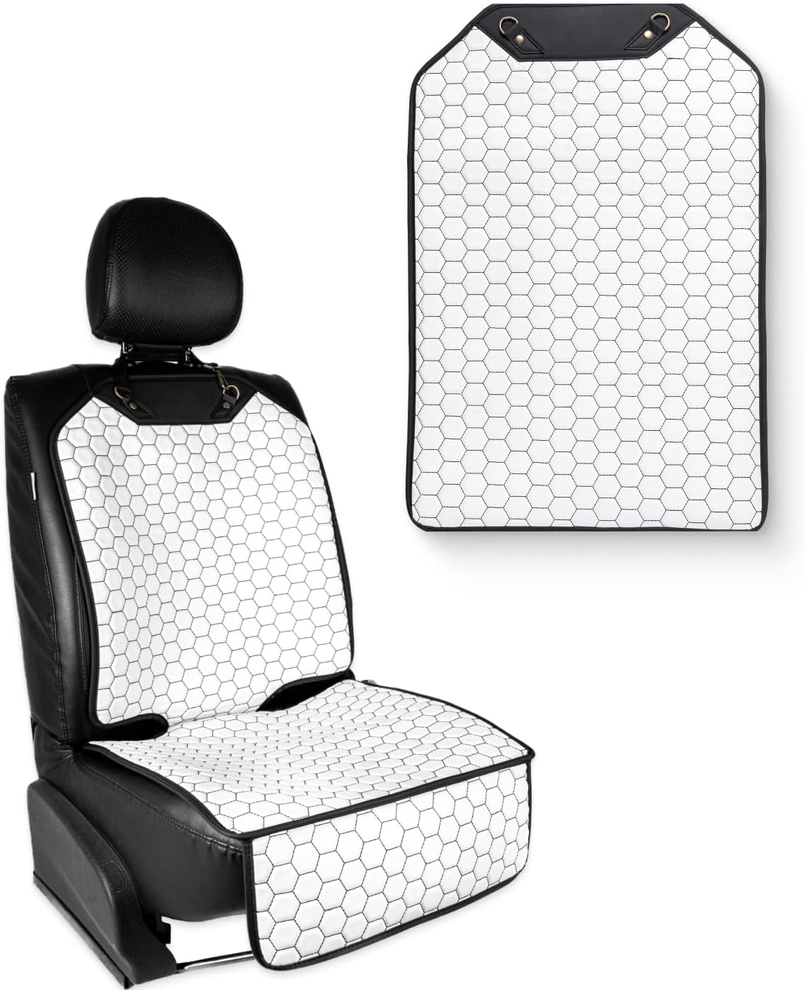 Owleys Set Seat Back Organizer & Car Seat Protector Hexy Waterproof & Non-Slip Protector for Child Car Cushion for Leather and Fabric Seats (White Set 2)