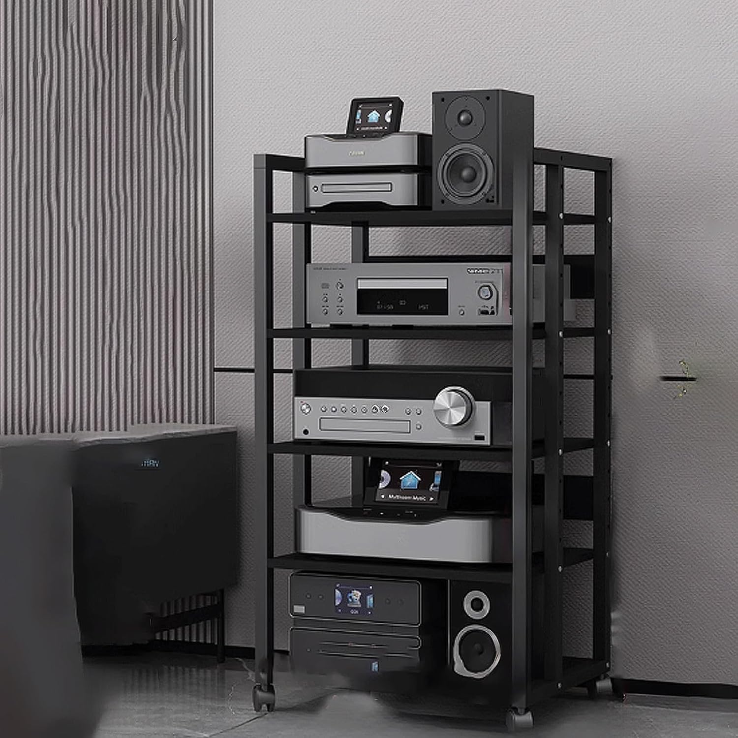 Audio Storage Rack, Audio Rack Stand, Audio Rack Tower, Rack Audio Tower Modern with Universal Wheels for Audio Equipments 50 * 40 * 100cm 3 Colors(Black+Black,5 Layer)
