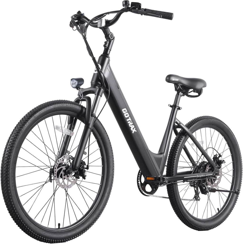 Gotrax Dolphin 26' Electric Bike, Max Range 30Miles(Pedal-assist1) & 20Mph Power by Peak 500W, 5 Pedal-Assist Levels & Front Suspension, 7-Speed&Boost Mode, City E-Bike for Adult, Step-Thru Bicycle