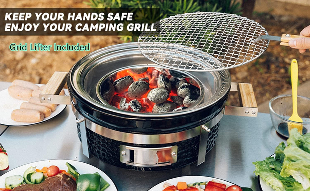 ONLYFIRE GRILLS Ceramic Hibachi Charcoal Grill with Grid Lifter, 14' Portable BBQ Yakitori Grill with Stainless Steel Grate for Outdoor Patio Backyard Barbecue Cooking, GS305