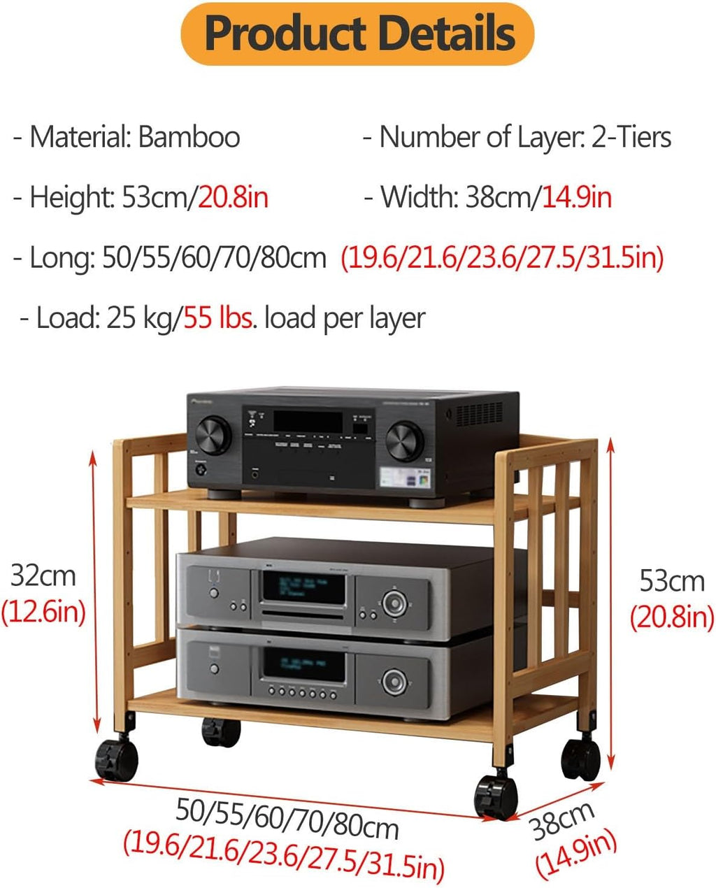 Adjustable HiFi Audio Rack, Large Capacity 2/3/4/5 Tier Media Stand with Heavy Duty Shelves for Stereo Systems, Easy Assembly, 53cm Tall, W-80CM, Perfect for Home Theater & Audio Equipment