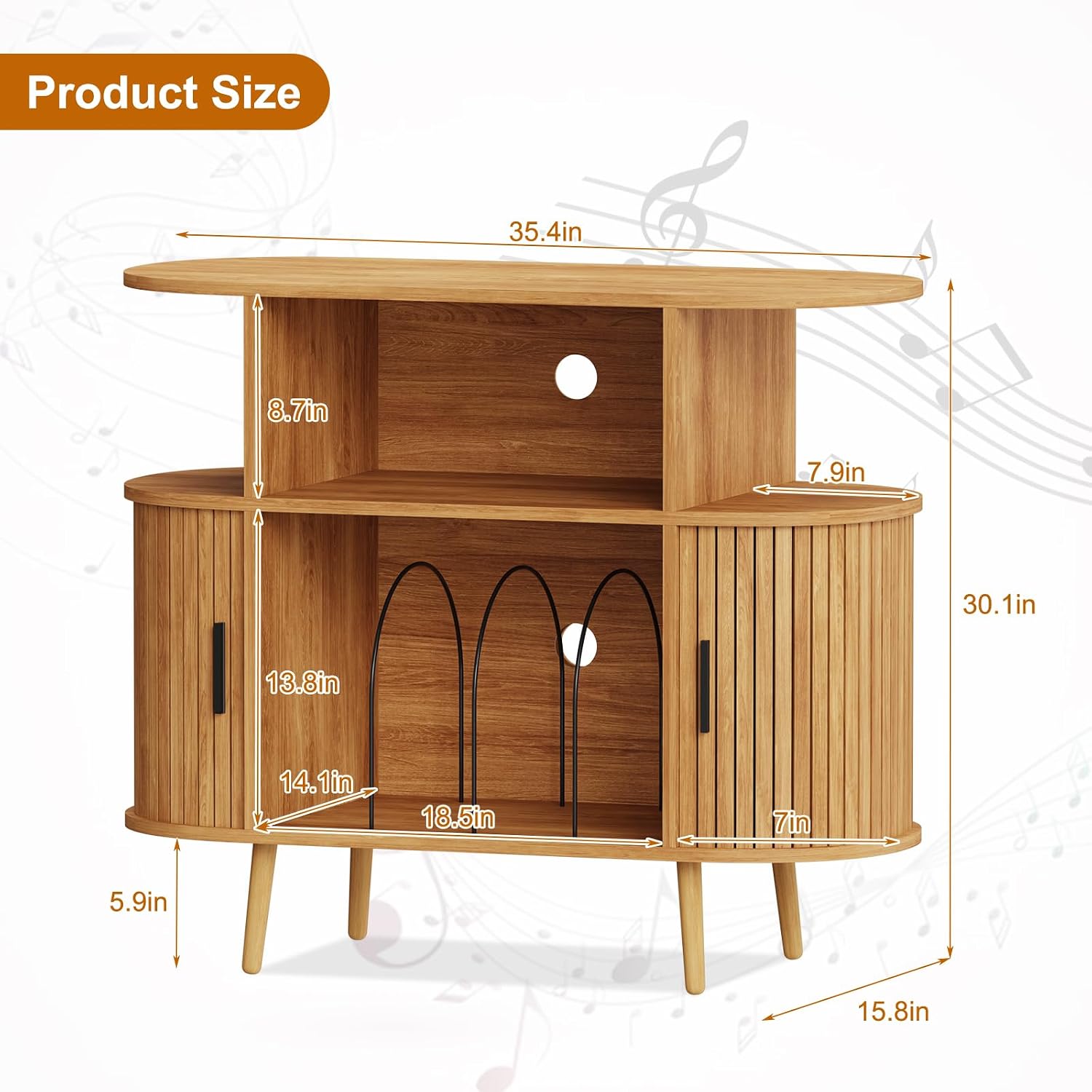 35.4' Record Player Stand with Storage - Vinyl Record Storage Cabinet & Media Console Holds 300+ Records, Mid Century Modern Turntable Stand for Living Room (Natural, 35.4')