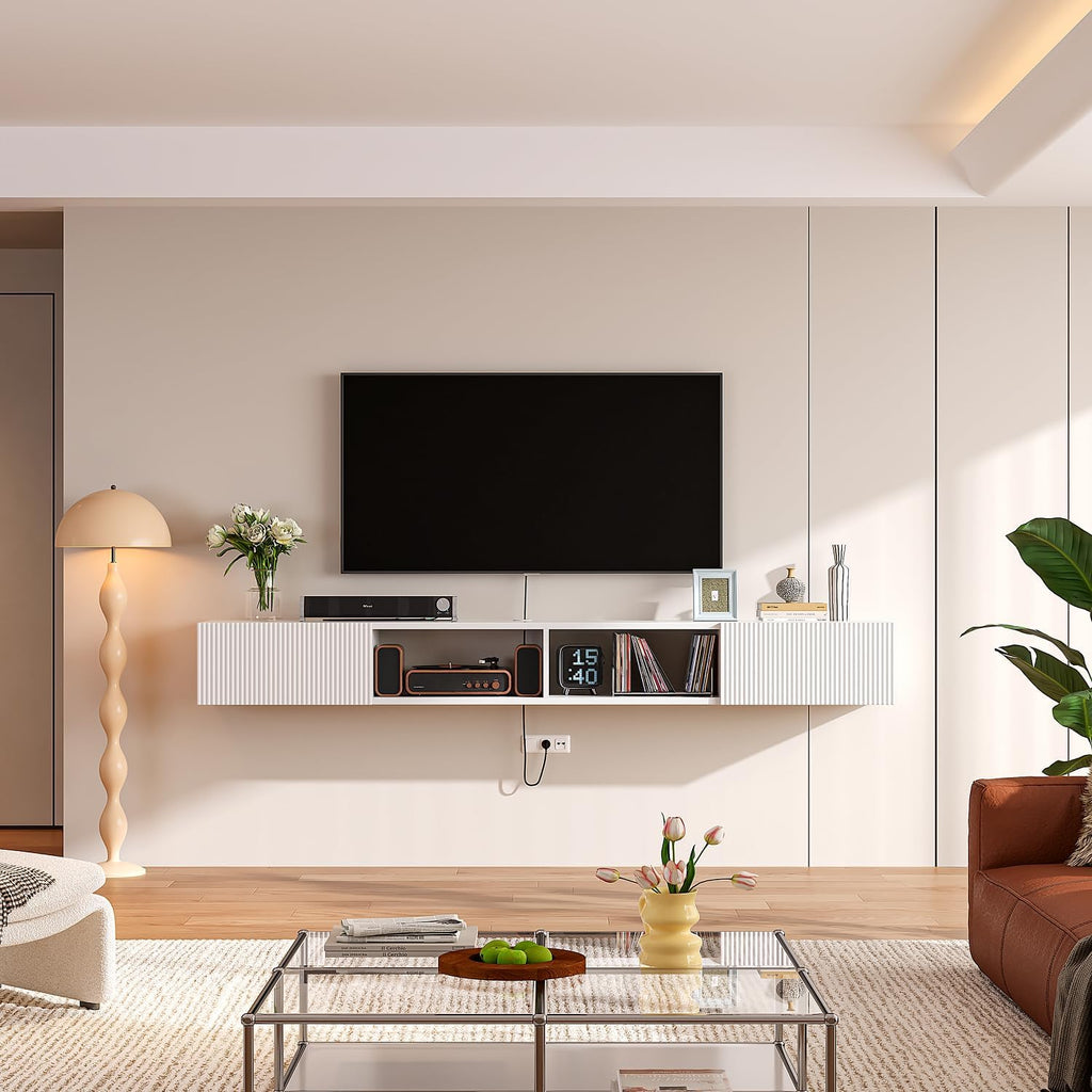 55 inch Plywood Floating TV Stand, Wall Mounted Media Console with Fluted Doors, Mid-Century Modern Entertainment Center, Space-Saving Hanging Cabinet for Living Room,White