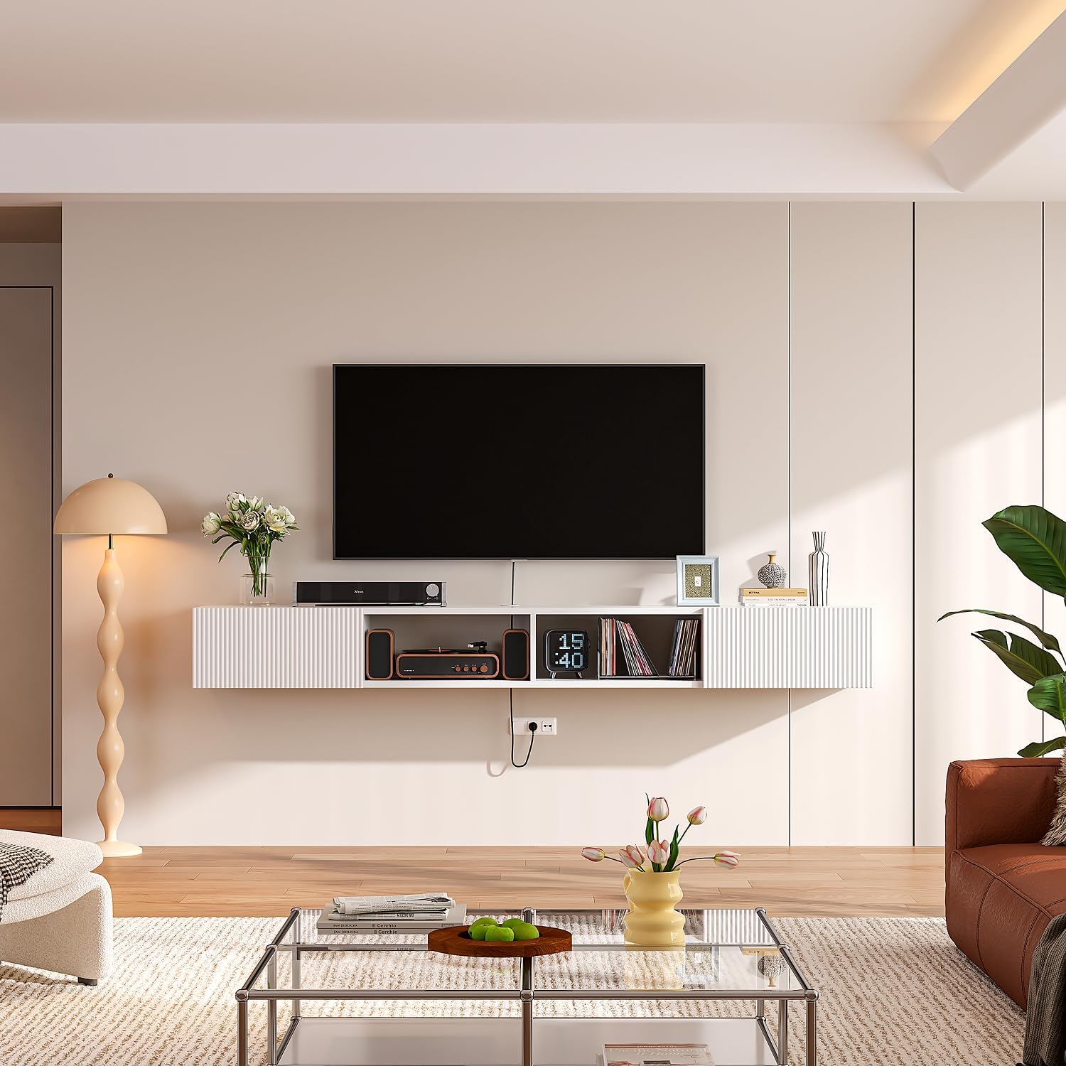 55 inch Plywood Floating TV Stand, Wall Mounted Media Console with Fluted Doors, Mid-Century Modern Entertainment Center, Space-Saving Hanging Cabinet for Living Room,White