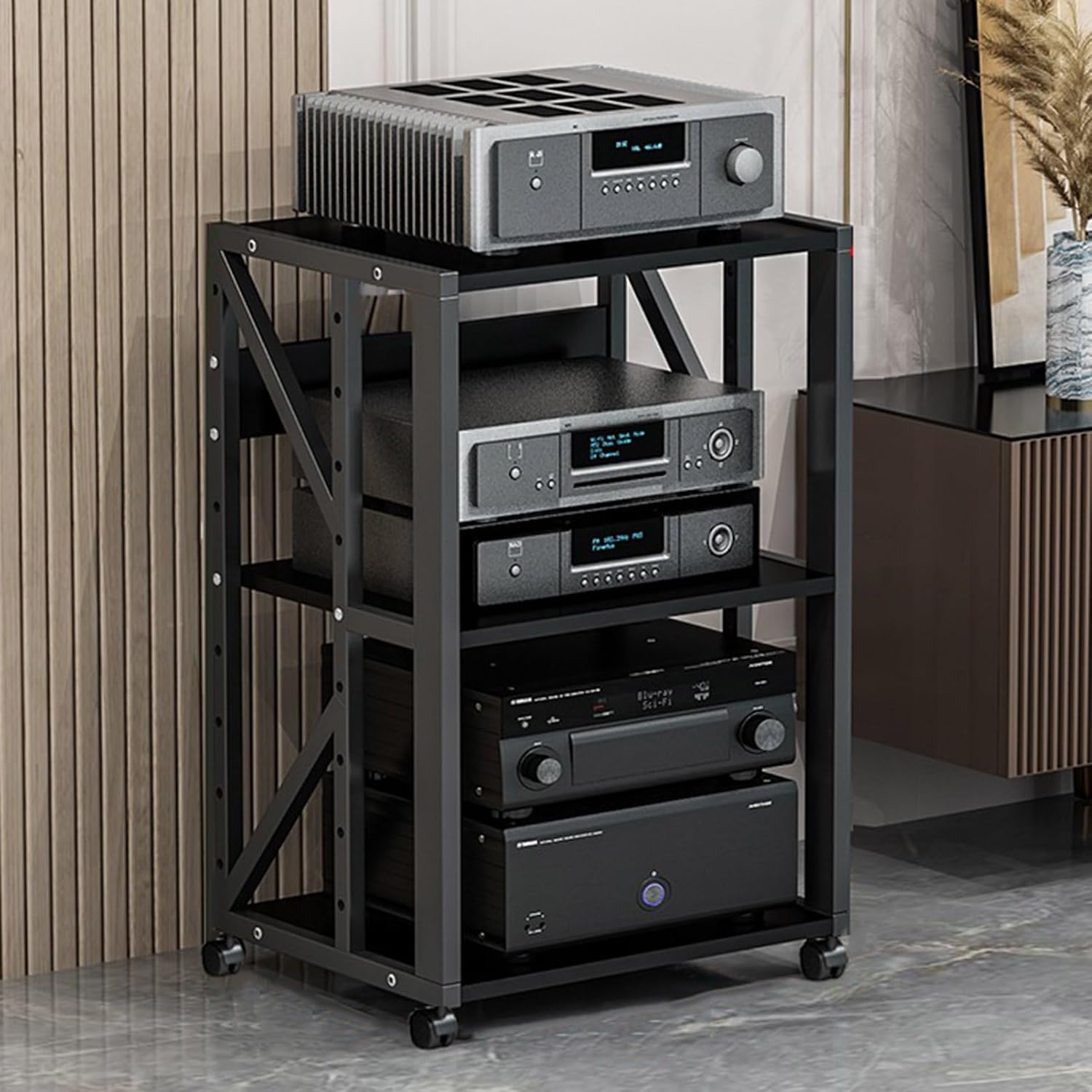 Modern AV Media Stand, Heavy Duty Hifi Audio Component Stand Corner Tv Entertainment Stereo Cabinet Amplifier Rack Shelf Rolling Projector Cart, Office Home Theater Video Rack DVD Record Player Stan