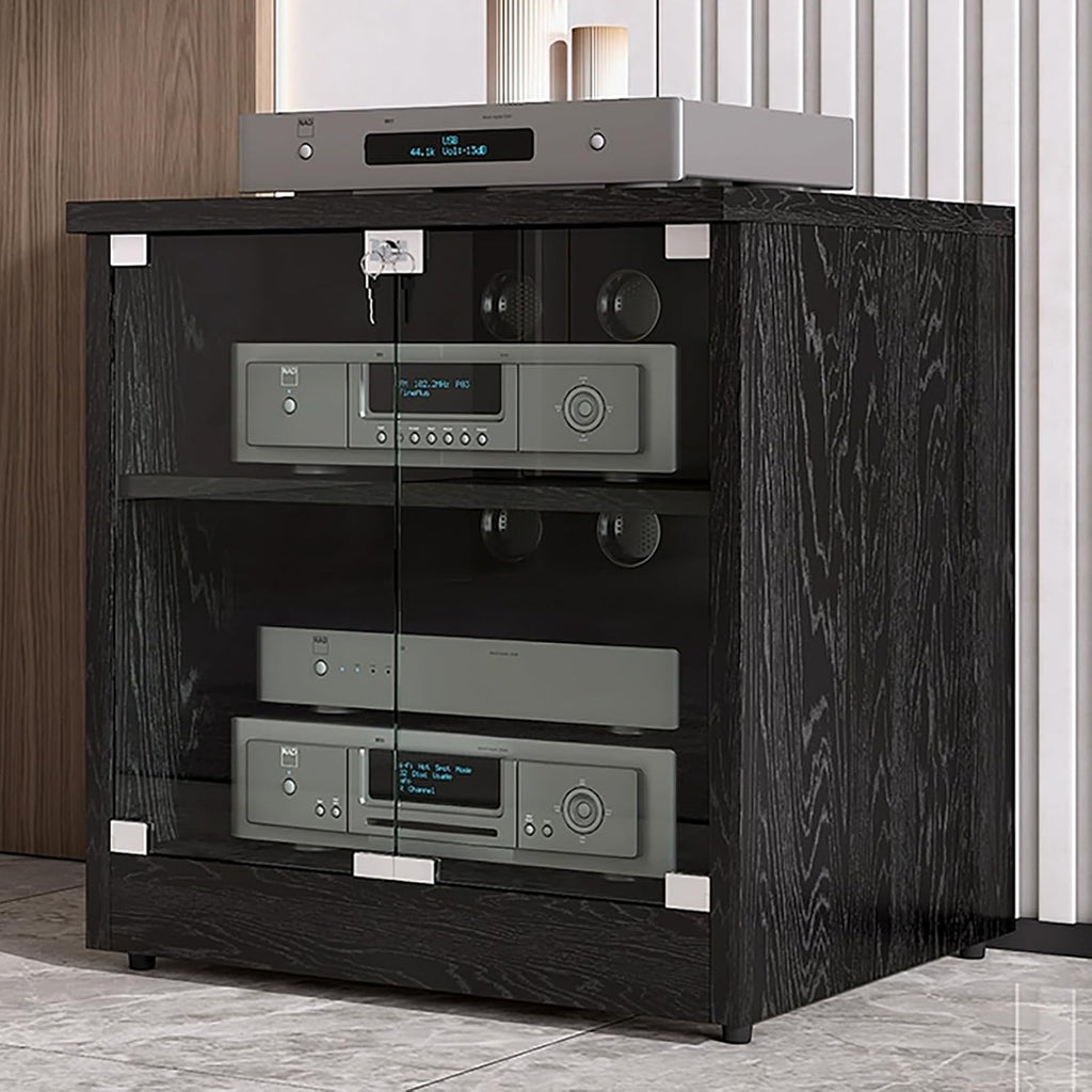 Modern Stereo Cabinet, 2-Tier Media Stand with Glass Doors, Adjustable Shelves, Cable Management, AV Storage Unit for TV & Audio Equipment (Black, 120x48x37cm)