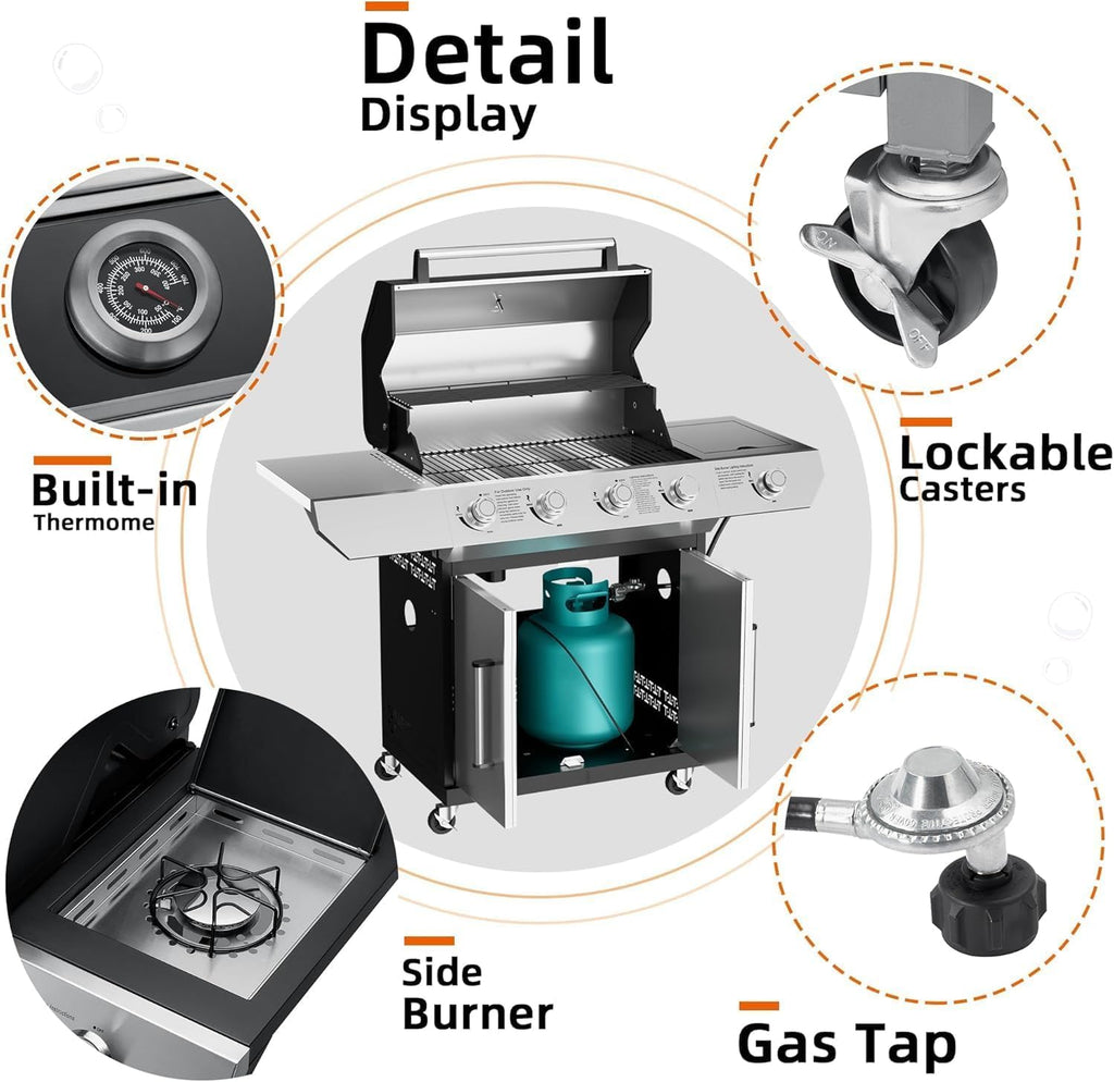 SKOK Led 4-Burner Gas BBQ Grill with Side Burner Led Knob, Barbecue Grill with Porcelain-Enameled Cast Iron Grates, 60,000 BTU Stainless Steel Propane Grill 629 Sq. In. Grilling Area