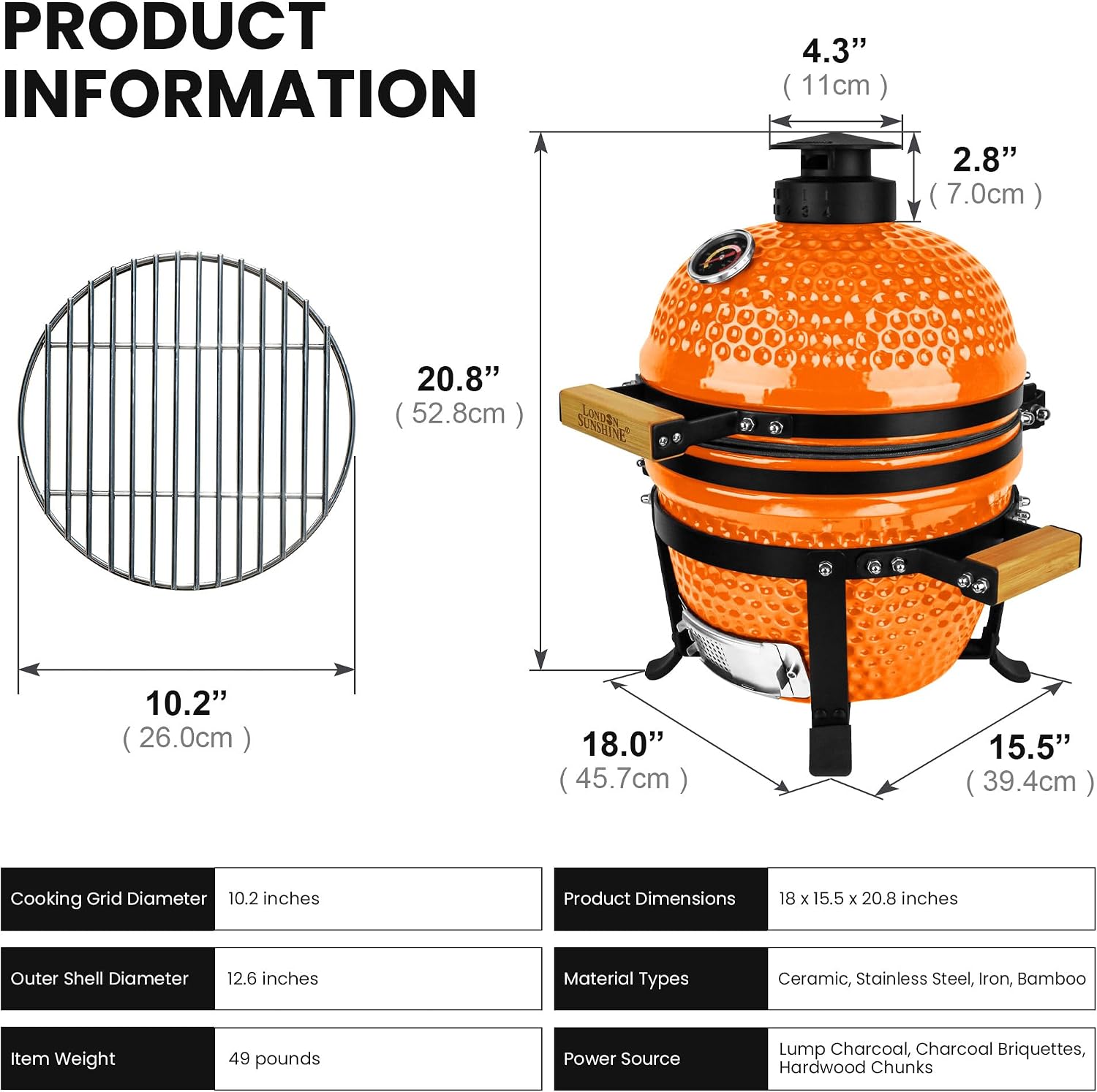 Upgraded 13 inch Ceramic Kamado Grill with Waterproof Air Vent Cap | Portable Tabletop Charcoal BBQ Grill Smoker for Outdoor Cooking, Patio, Camping | Orange