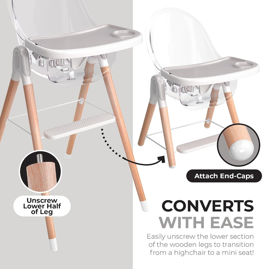 6 in 1 Deluxe Wooden High Chair for Babies & Toddlers, Modern Safe & Compact Baby Highchair, Easy to Clean & Assemble, Removable Tray, 6 Options 3 Seat Positions 2 Heights (Clear)