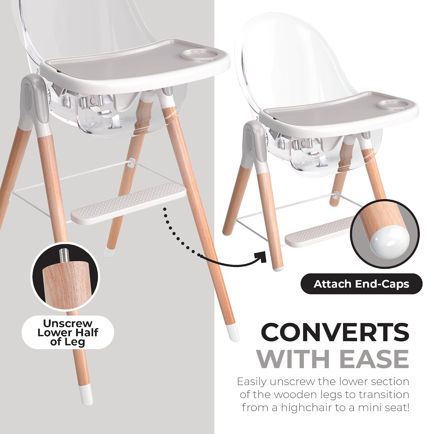 6 in 1 Deluxe Wooden High Chair for Babies & Toddlers, Modern Safe & Compact Baby Highchair, Easy to Clean & Assemble, Removable Tray, 6 Options 3 Seat Positions 2 Heights (Clear)
