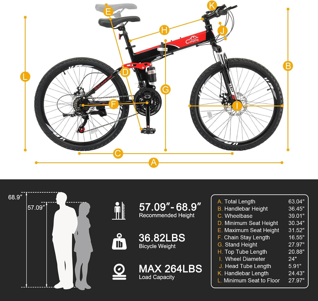 CamPingSurvivals 24/26/27.5 Inch Foldable Bikes for Adults 21 Speed Mountain Bike, Adult Bicycle with High Carbon Steel Frame, Full Suspension, Dual Disc Brake & Adjustable Ergonomic Seat(Black/Red)