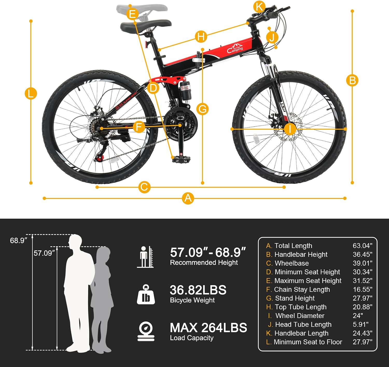 CamPingSurvivals 24/26/27.5 Inch Foldable Bikes for Adults 21 Speed Mountain Bike, Adult Bicycle with High Carbon Steel Frame, Full Suspension, Dual Disc Brake & Adjustable Ergonomic Seat(Black/Red)