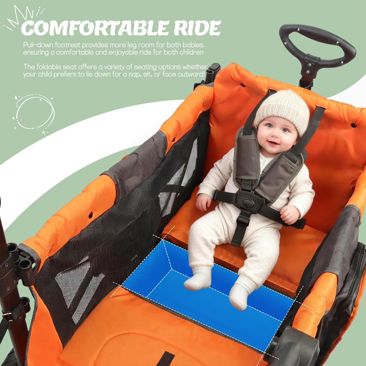 Rovique Wagon Stroller for 2 Kids, Convertible Baby Wagon with Bassinet Mode, Removable Canopy, Snack Tray, 5-Point Harness, All-Terrain PU Wheels, Adjustable Push Pull Handle (Orange)