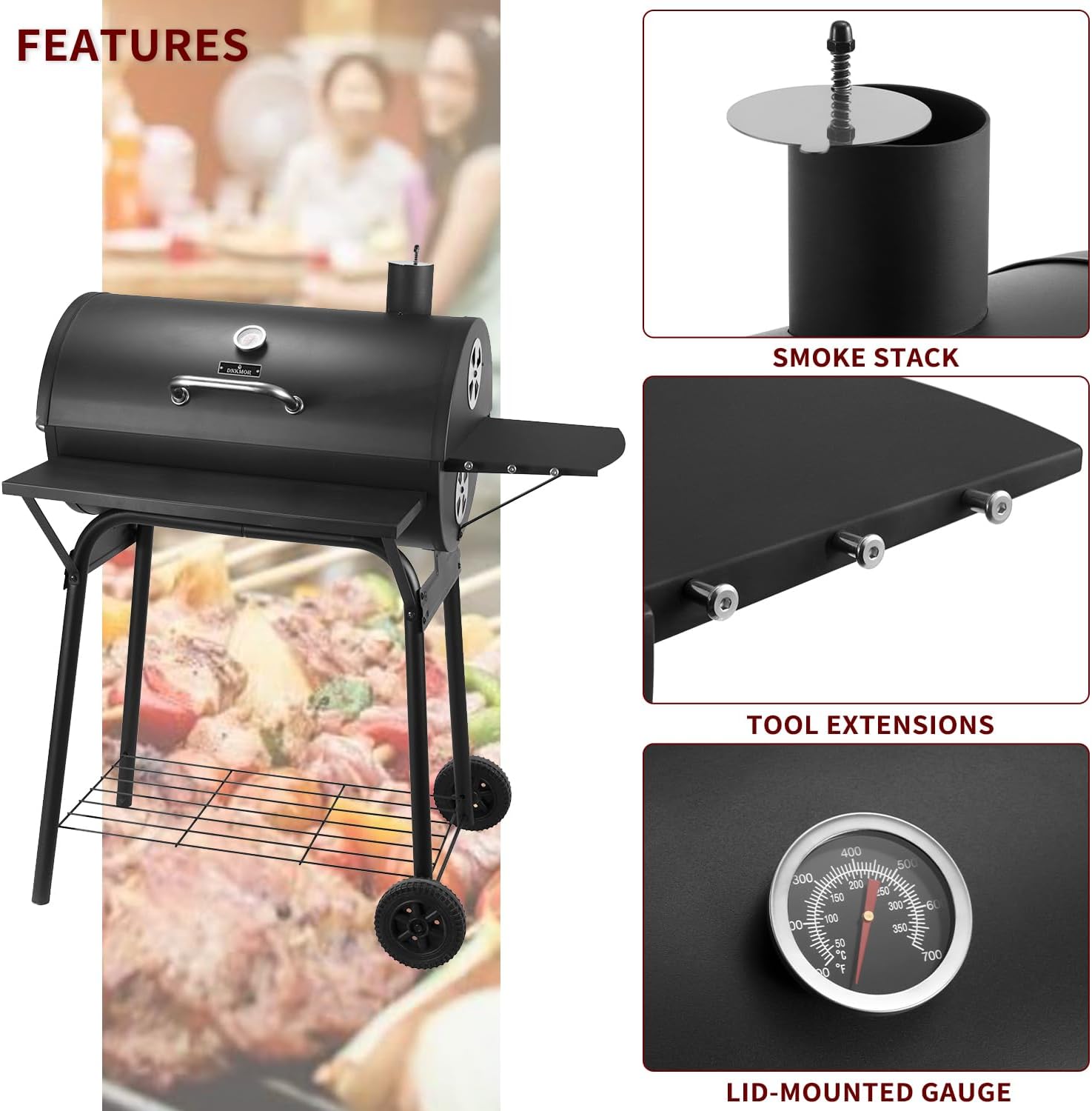 Charcoal Grill Outdoor BBQ Grill 30INCH Barrel Charcoal Grills with Side Table, 627 Square Inches, Outdoor Backyard Camping Picnics, Patio and Parties, Black by DNKMOR