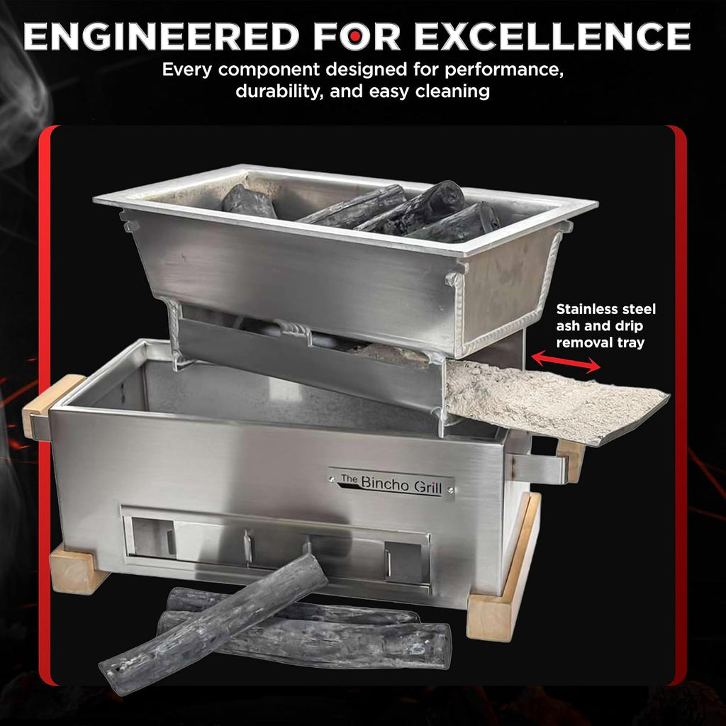 The Bincho Grill 16' Mini Yakitori Grill – Stainless Steel Mini Tabletop Charcoal BBQ with Charcoal Box, Optimized Airflow & Cool-Touch Base - Perfect for Japanese Grilling, Skewers, Meat, Seafood
