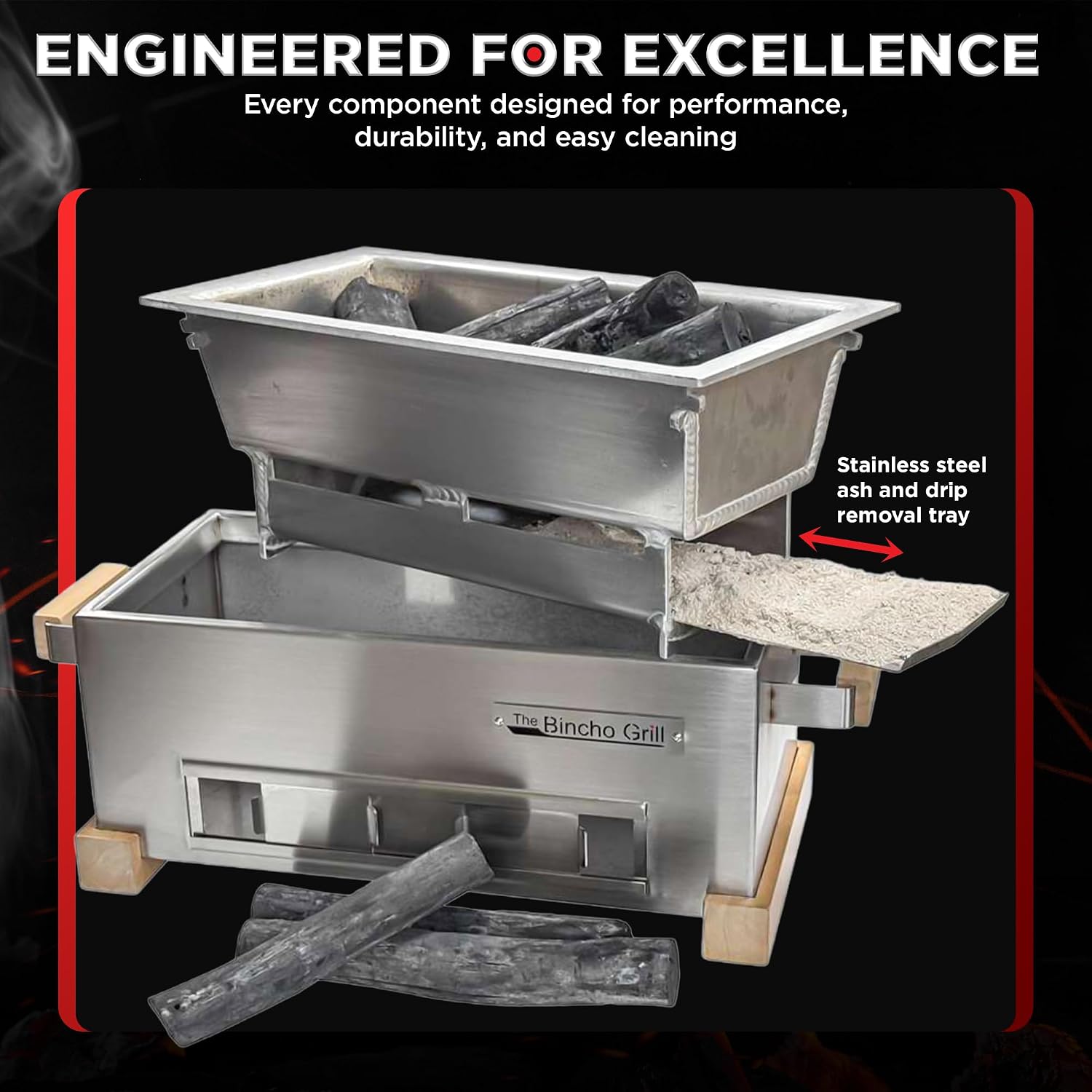 The Bincho Grill 16' Mini Yakitori Grill – Stainless Steel Mini Tabletop Charcoal BBQ with Charcoal Box, Optimized Airflow & Cool-Touch Base - Perfect for Japanese Grilling, Skewers, Meat, Seafood
