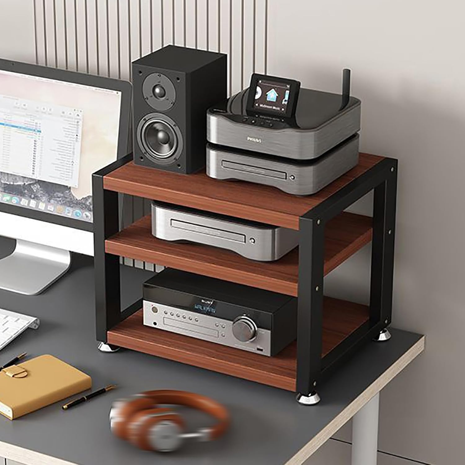Movable AV Media Stand, 3-Tier Walnut Desktop Audio Rack, Portable Corner Stereo Cabinet, Open Storage for Computer Desk, Stylish Wooden Shelf for Home Entertainment