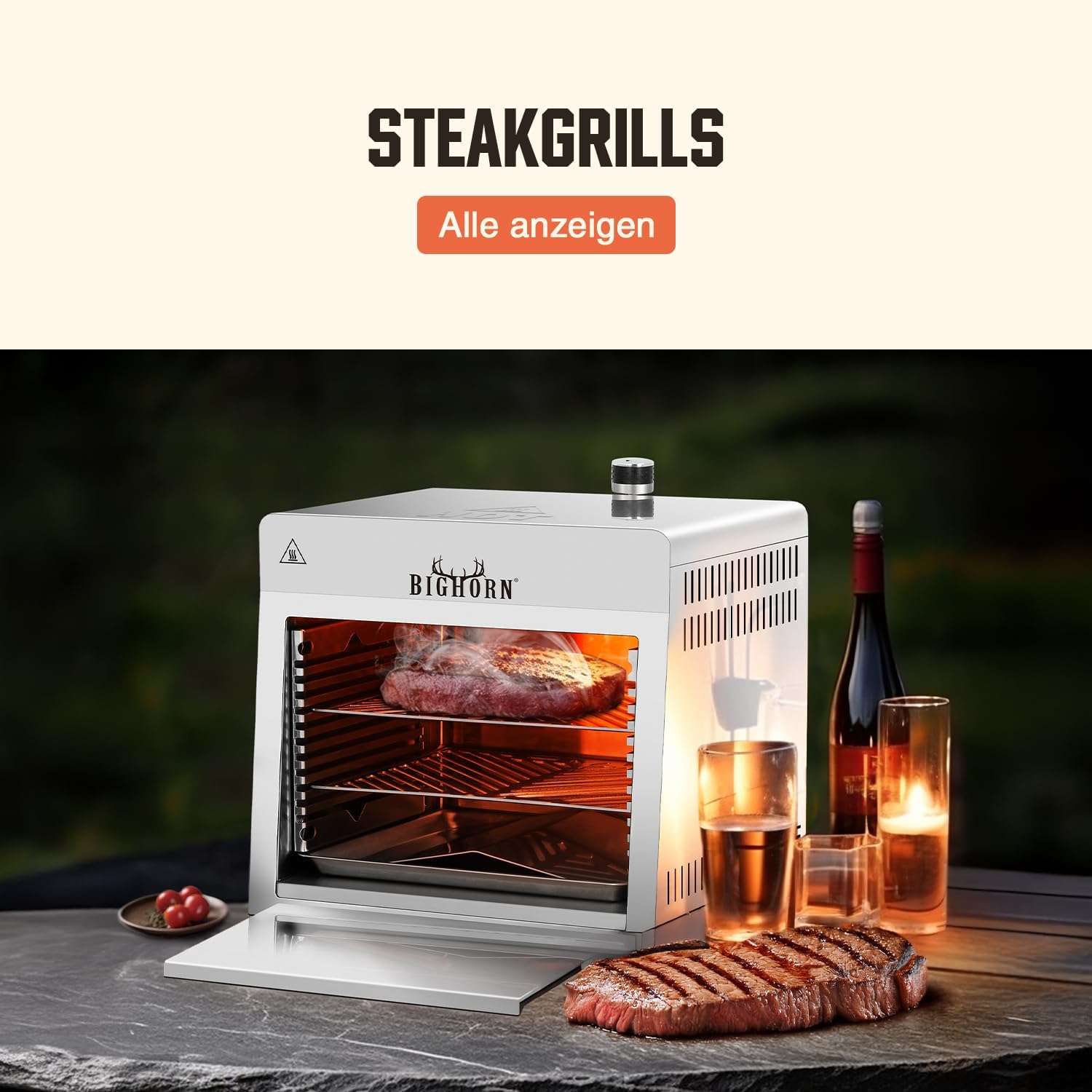 BIG HORN OUTDOORS 1500°F Small Infrared Propane Gas Grill – Portable Steak Broiler & Sear Station, Outdoor Salamander BBQ with Pizza Stone, Stainless Steel