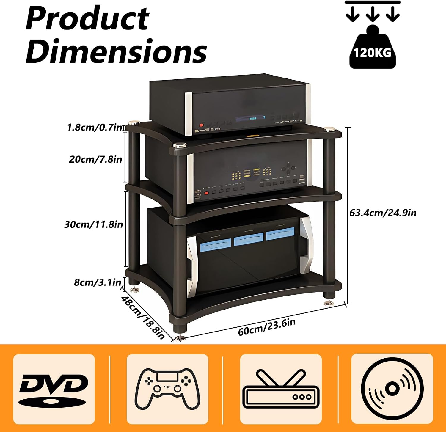 Heavy Duty Audio Component Rack, Large Storage Space AV Media Stand with Shock-Absorbing Foot pegs, Audio Rack Tower CD Player Stand for Home/Office/Audio Video/Theate (Black, 3rd)