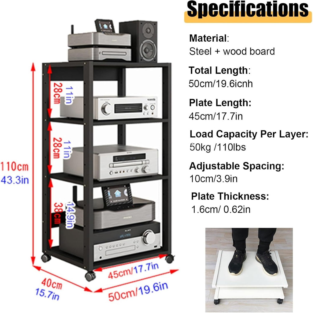 WDJBPSH Home Theater Equipment Storage Rack, 43.3inch Tall Audio-Video Media Stand with Adjustable Shelf & Brake Wheels, Freestanding Corner Entertainment Center(6-Tier - H 131cm/51.5 in)