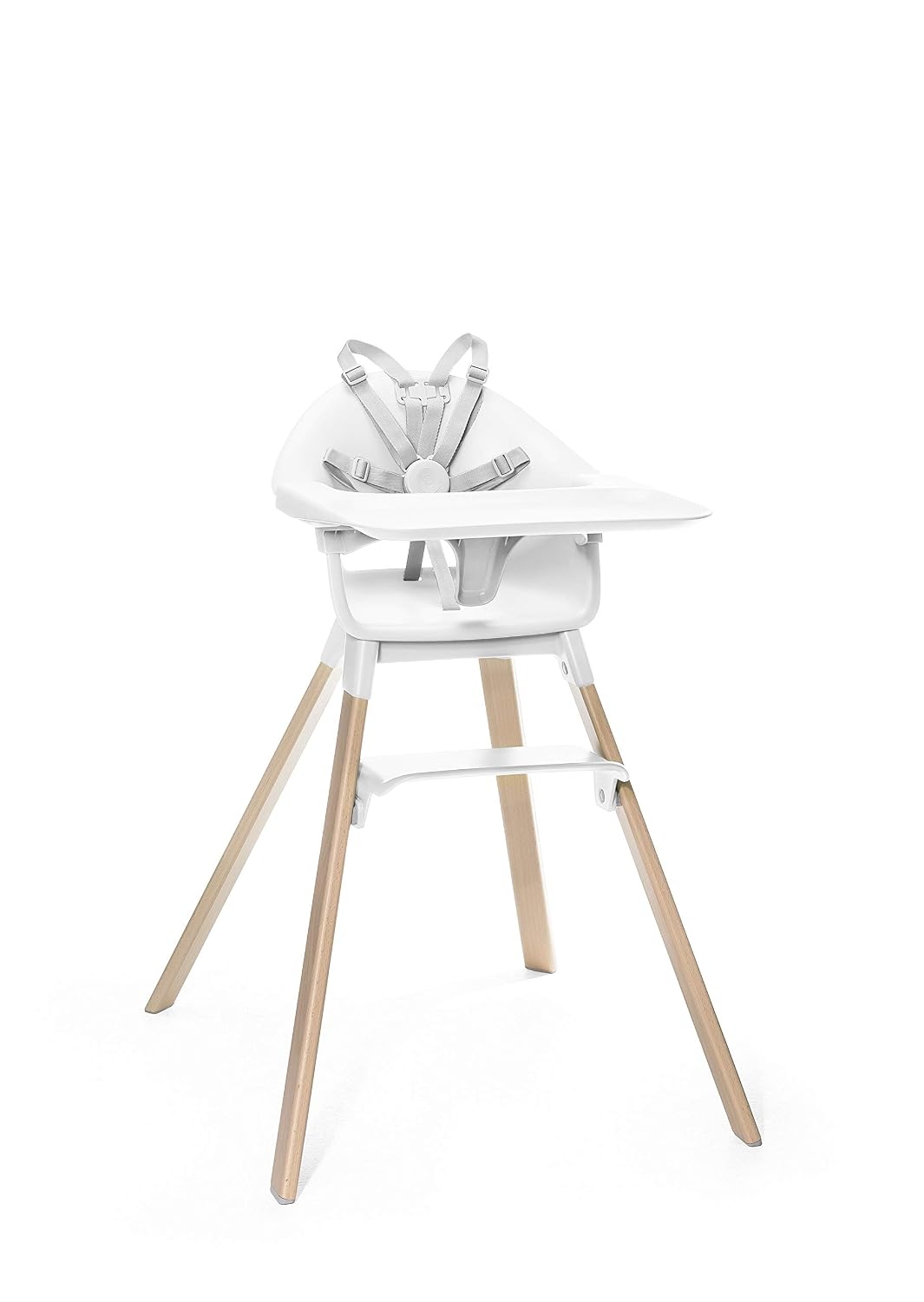 Stokke Clikk Easy to Clean White Baby High Chair with Natural Legs, All in One Box (Includes Tray and Harness)