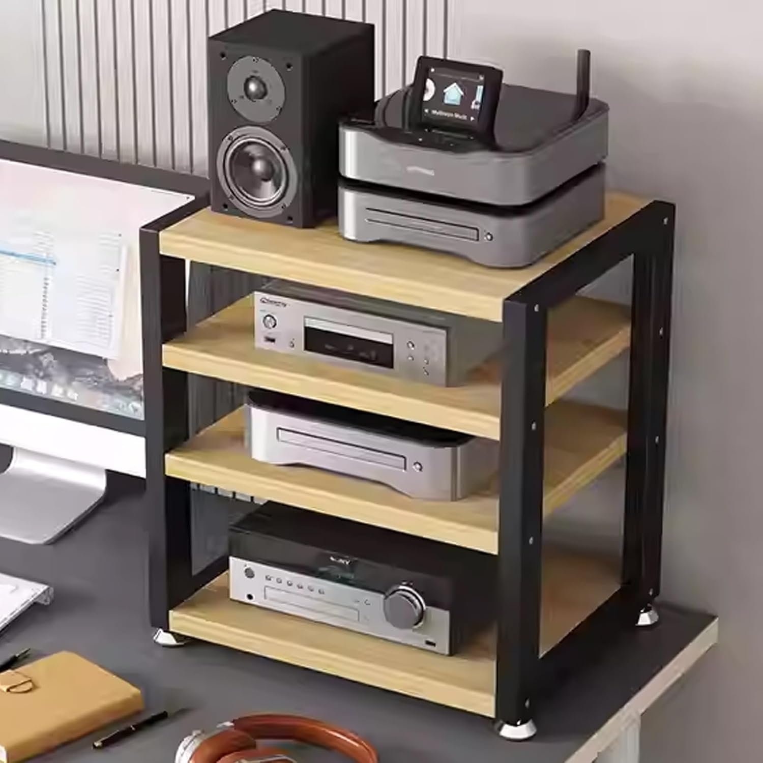 4-Tier Record Player Stand 48cm Tall, HiFi Amplifier Shelf Audio Rack Tower for Audio-Video CD Record Player Stereo Receiver AV Equipment(Black-B)