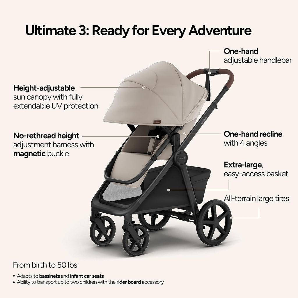 Mompush Ultimate 3 Baby Stroller, Premium Convertible Full-Size Stroller for Toddler to 50 lbs – 11.8' All-Terrain Wheels; Four-Wheel Suspension; Reversible Extendable Seat; One-Second Fold