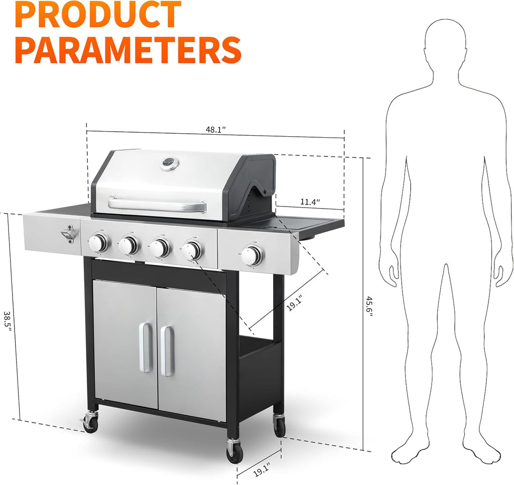 Propane Gas Grill 4 Burner, 49,000 BTU Outdoor BBQ Grill with Side Burner, Porcelain Cast Iron Grates & Stainless Steel, Fast Heating for Backyard, Camping, Tailgating