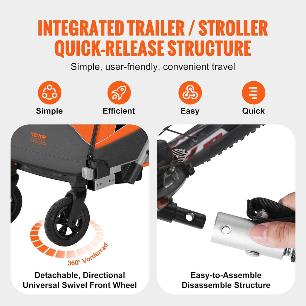 VEVOR Bike Trailer for Toddlers Kids, Single & Double Seat Options, 2-in-1 Canopy Carrier with Strong Frame Converts to Stroller, Tow Behind Foldable Child Bicycle Trailer with Universal Coupler
