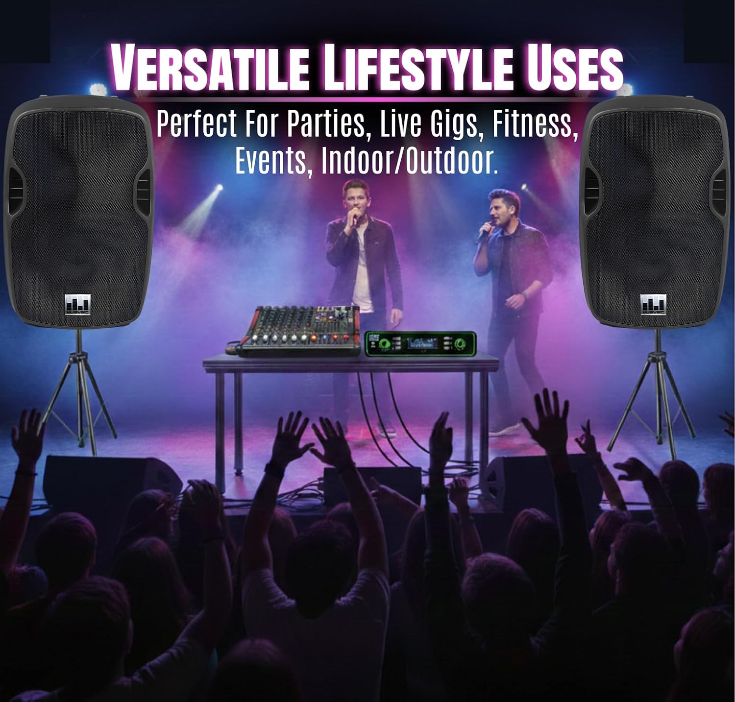 MUSYSIC Portable PA System with Wireless UHF Microphone, 15' 2000W Passive PA Speakers, Party, DJ Speakers, 6 Channel Audio Mixer, 1200W Speaker with Wireless Microphone, Complete Kit w/Stands