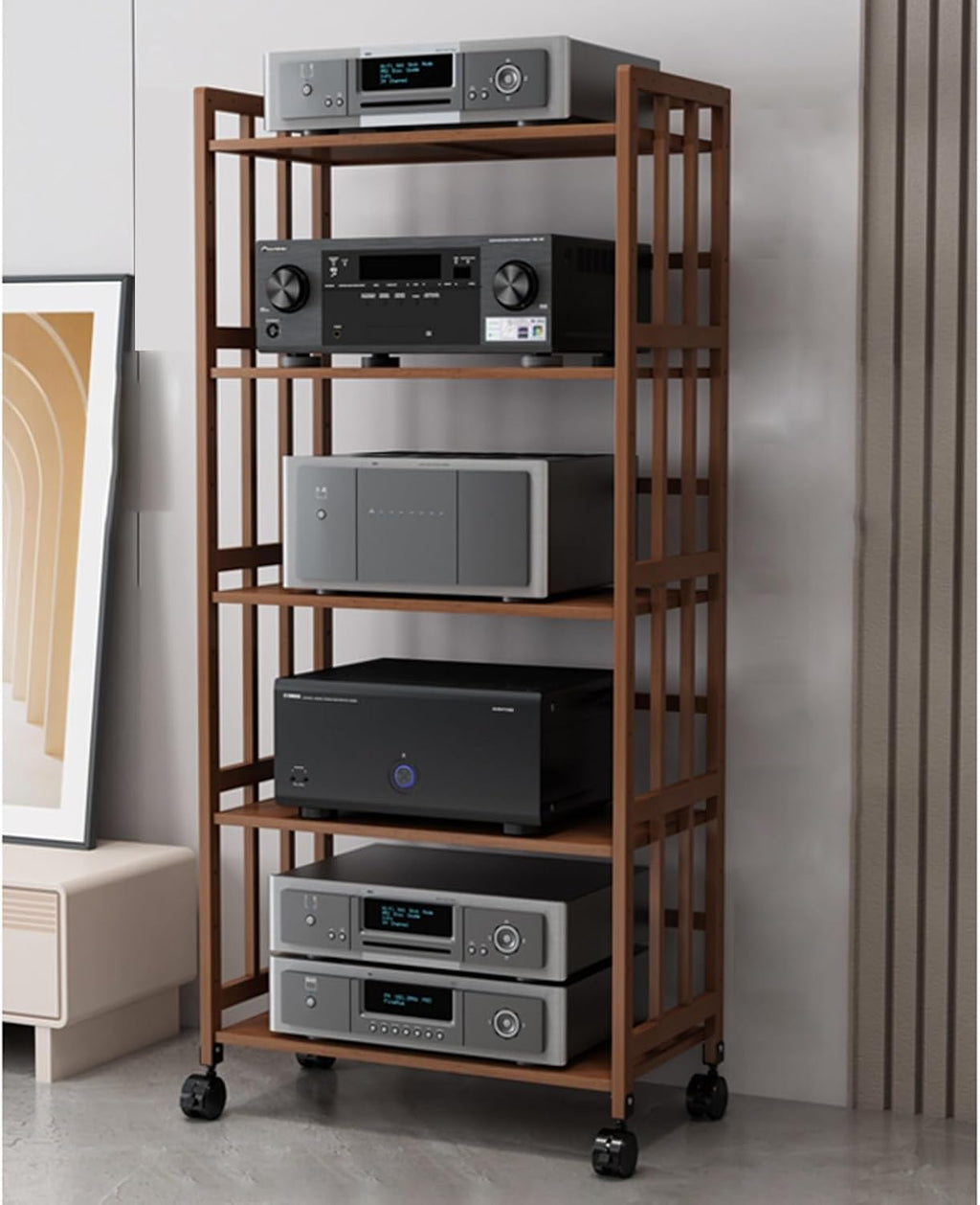 Media Storage Cabinet 4-Tier AV Media Stand Corner Shelf Video Component Cabinet AV Receiver Audio Component Stand Record Player Receiver Electronics Equipment for Living Room Gaming Room Music Studio