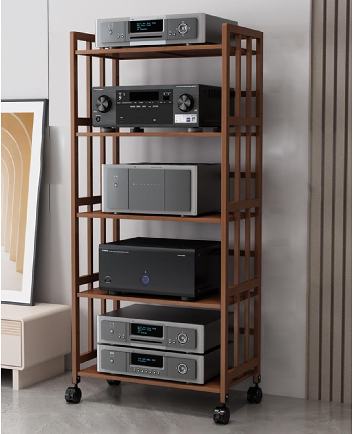 Media Storage Cabinet 4-Tier AV Media Stand Corner Shelf Video Component Cabinet AV Receiver Audio Component Stand Record Player Receiver Electronics Equipment for Living Room Gaming Room Music Studio
