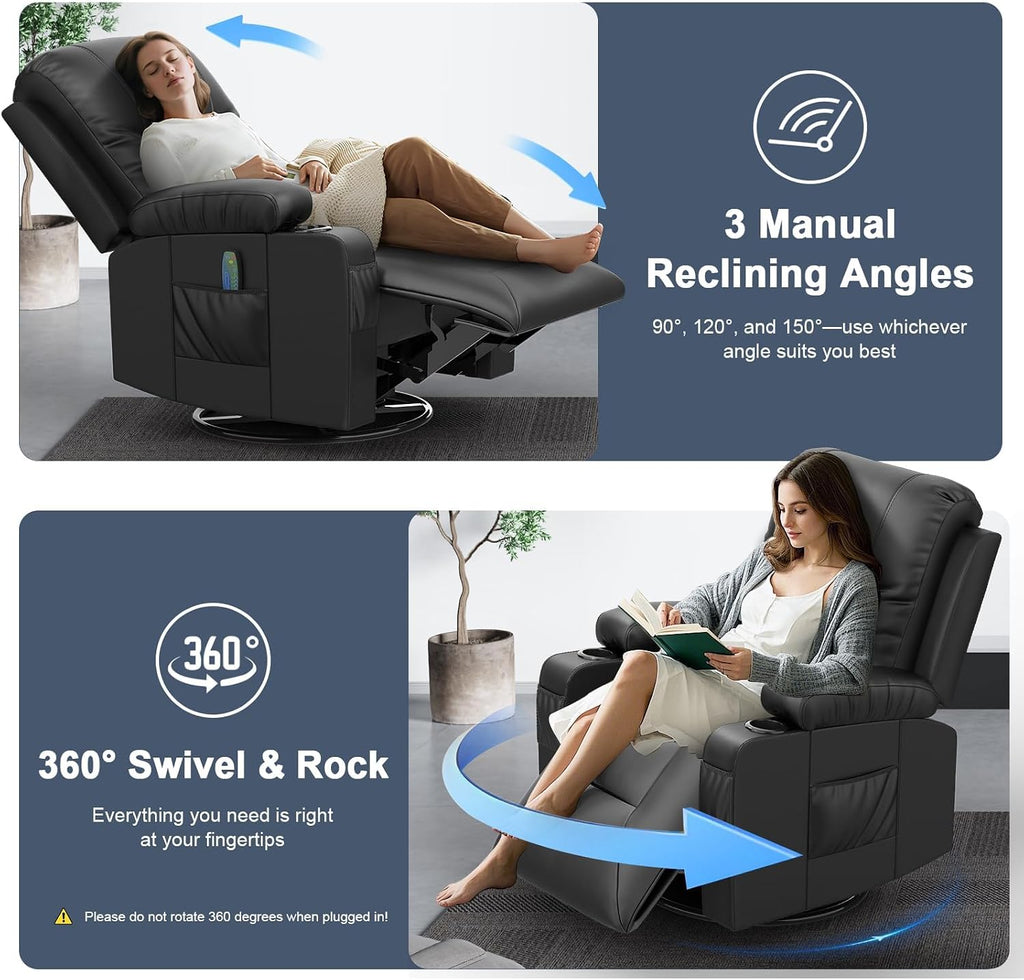 Recliner Chair, Swivel Rocker Recliner with Massage & Heat, Reclining Chair with Cup Holder & Pocket, 360° Swivel Home Theater Seating Lounge Recliner