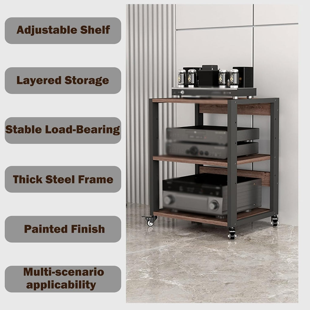YLLFFLL Home Audio Rack with Wheels 3 4 5 Tier, Floor Standing Removable Stereo Cabinet Media Organizer Equipment Shelf, HiFi Stands with Height-Adjustable Shelf(W 19 7/10IN,3 Shelf)