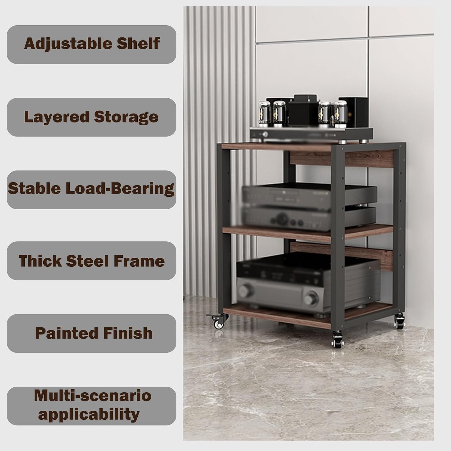 YLLFFLL Home Audio Rack with Wheels 3 4 5 Tier, Floor Standing Removable Stereo Cabinet Media Organizer Equipment Shelf, HiFi Stands with Height-Adjustable Shelf(W 19 7/10IN,3 Shelf)
