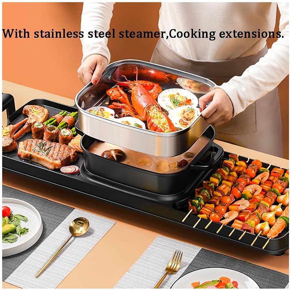 Electric Grill with Hot Pot 2 in 1 Indoor Korean BBQ Grill,2200W Multifunctional Smokeless BBQ Hot Pot Double Pot,Non-Stick Pan,for 5-10 People,for Grilling & Cooking(Double Pot)