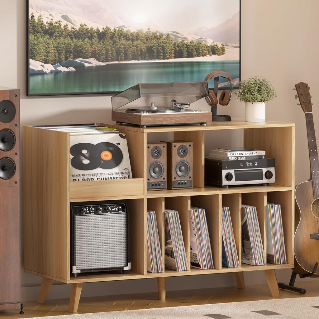LELELINKY Natural Wood 48''Record Player Stand with Storage and Display Area, Turntable Stand Vinyl Record Holder Player Table Holds Up to 450 Albums, Record Stand for Music Room Living Room