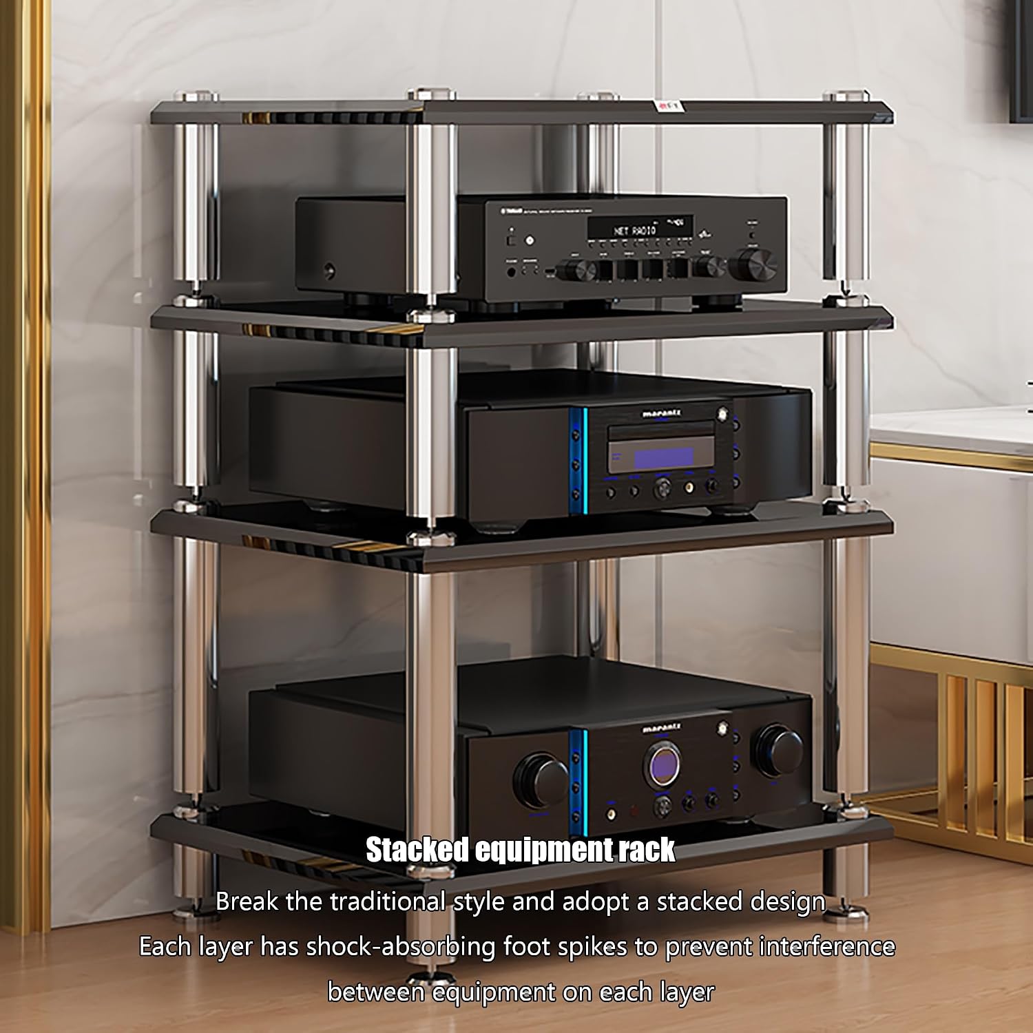 Media Storage Cabinet, Stereo Rack, and 1-4-Tier AV Media Stand, Corner TV Stand for Entertainment Center and Audio Equipment, small media console, small tv stands for living room(Black,63x48x43cm)