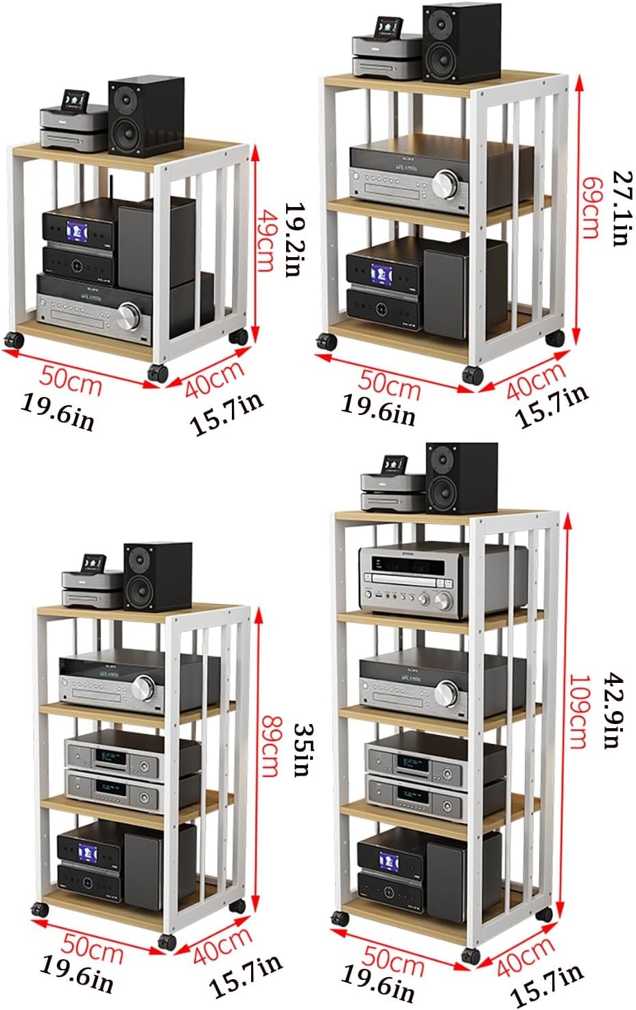 Adjustable AV Component Media Stand, 5-Tier Audio Video Rack, Steel Frame Storage Cabinet, 200kg Capacity, White & Black, Perfect for Home Theater & Entertainment Systems (50x40x109cm)