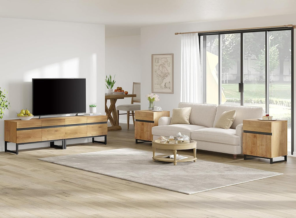 WAMPAT Modern TV Stand for 50-75 Inch TVs, Wood Entertainment Center with Metal Base Storage Cabinets, Media TV Console for Living Room, Oak, 2Pcs