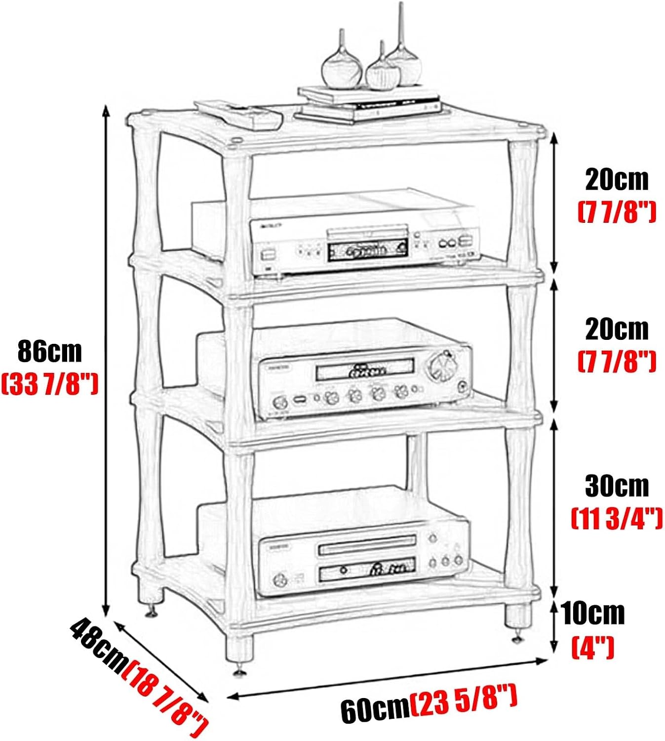 4-Tier Shelves Audio Video Media Stand Cabinet, Audio Cabinet Rack Furniture with Storage Shelving, Stereo Rack System for Speakers DVD Console(Brown)