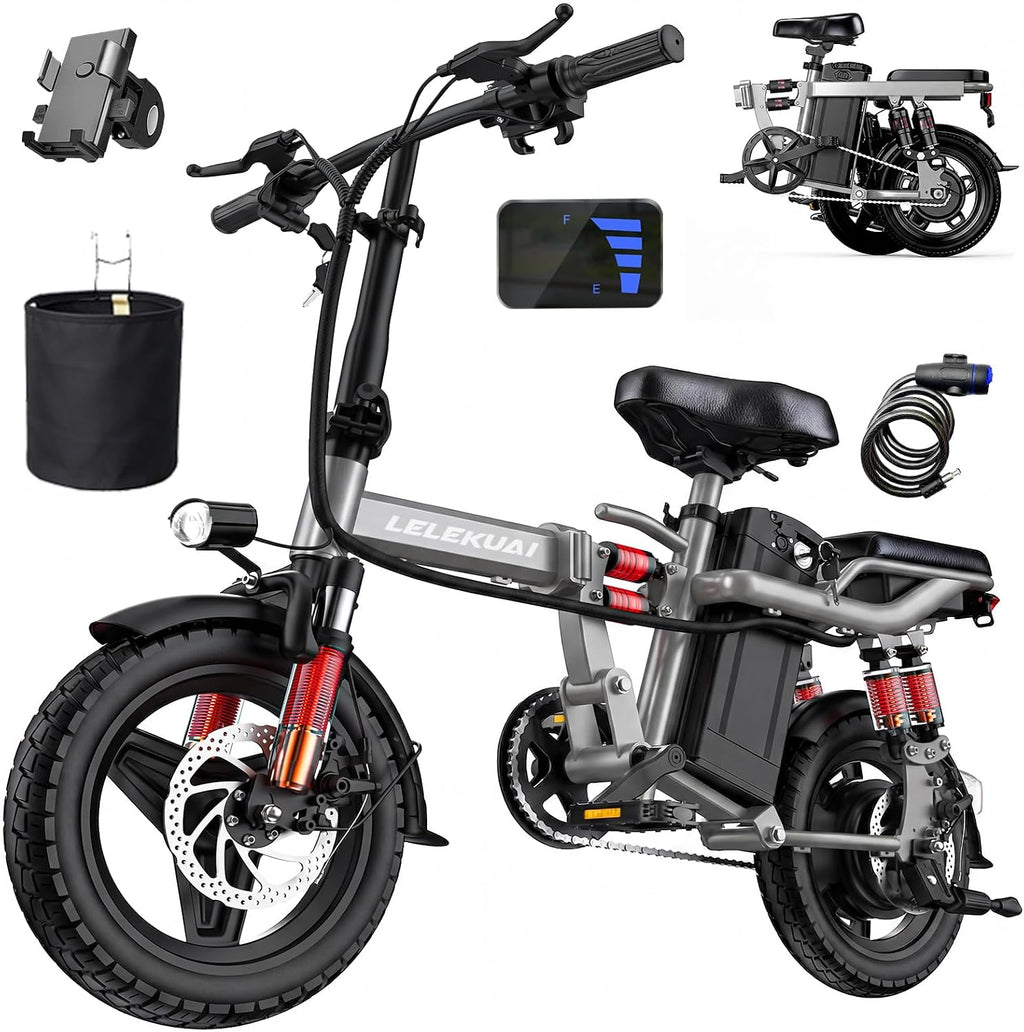 LELEKUAI Electric Bike for Adults and Teens, 520W-560W Motor, 20-24MPH, 32 Miles Range, 48V 10Ah Battery, 3-Level Pedal Assist, 14' Foldable Mini Electric Bicycle, UL 2849 Certified