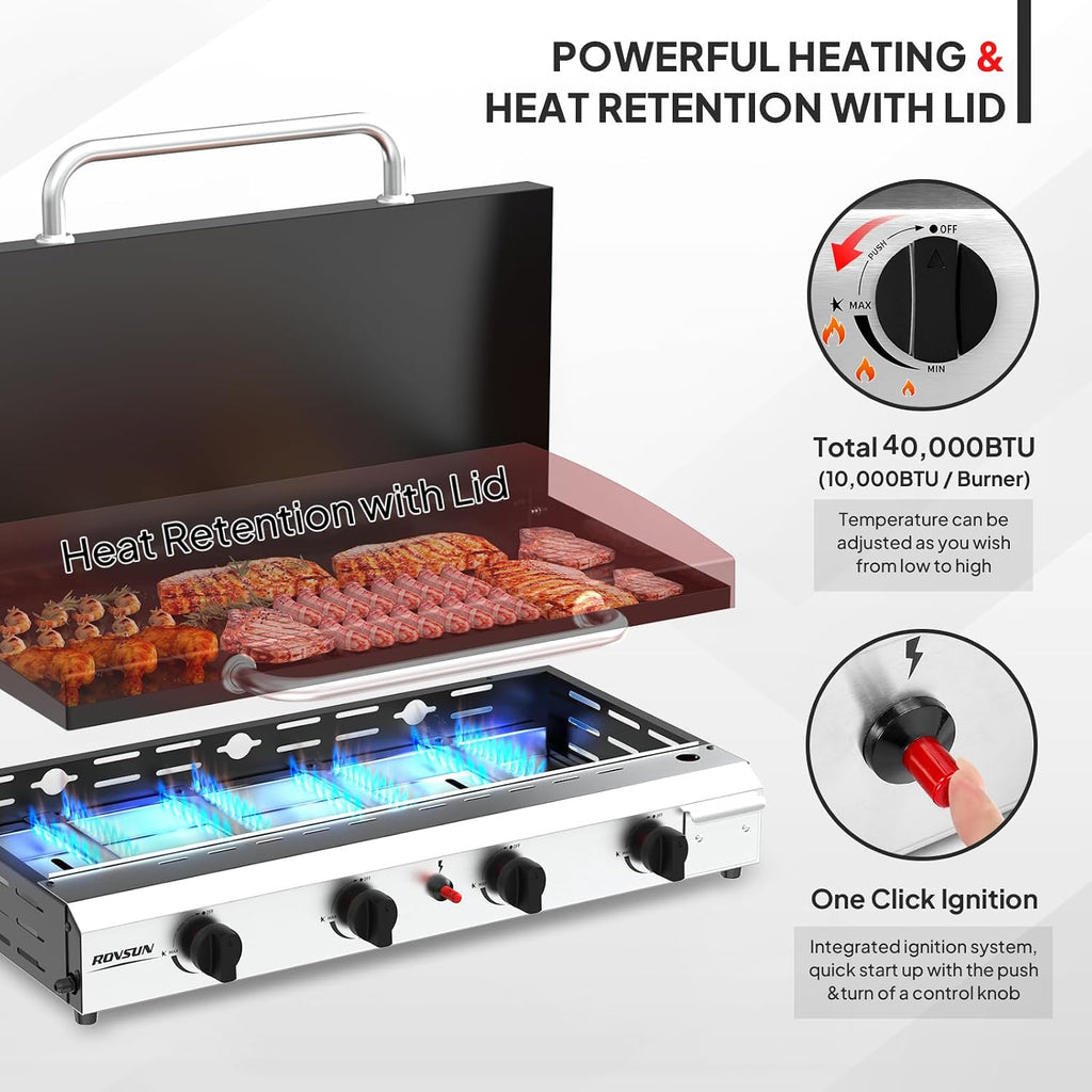 ROVSUN 4 Burner Portable Propane Griddle with Enameled Tray & Lid, 40,000 BTU Tabletop Flat Top Gas Grill with Electronic Ignition & Regulator for Outdoor Cooking Camping BBQ Tailgating
