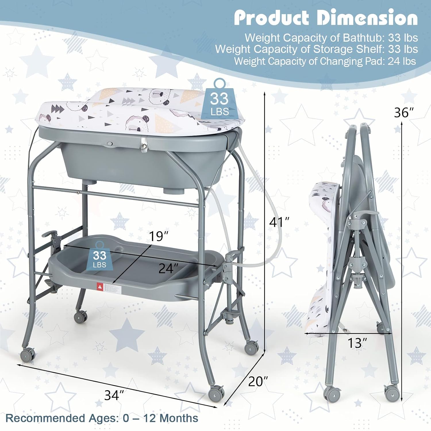 HONEY JOY 2-in-1 Baby Bathtub & Changing Table, Foldable Infant Diaper Changing Station with Wheels, Storage Tray, Waterproof Pad, Portable Newborn Nursery Organizer Bath Stand for Boys Girls (Gray)